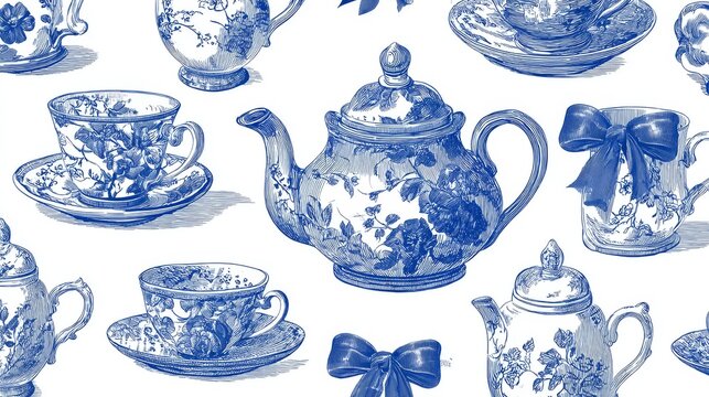 102.Seamless vector pattern of chinoiserie ceramic tableware, vintage teapot and teacups with floral motifs and decorative bows, elegant blue and white palette, hand drawn style for classic tea
