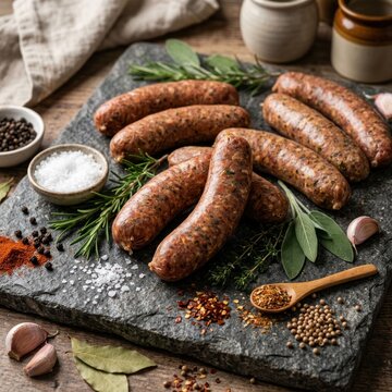 Raw Sausages with Herbs and Spices on a Dark Stone Board.