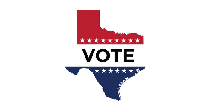 Texas state map silhouette featuring a patriotic red white and blue design with vote text