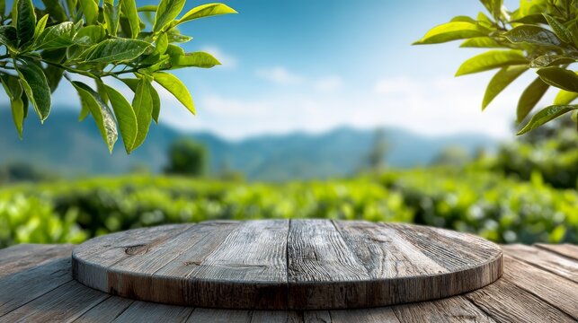 4.Rustic round tabletop mockup with blurred tea farm scenery, fresh blue sky, soft green leaves framing foreground, calm natural advertising background