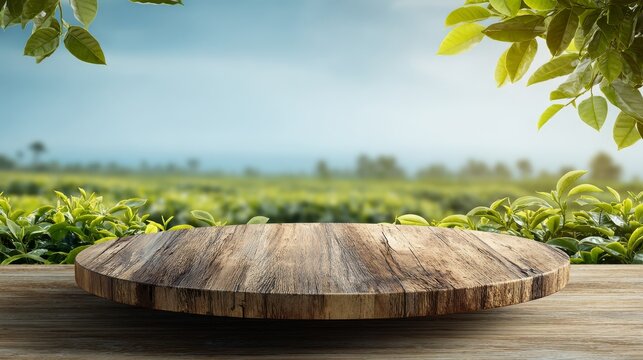 4.Rustic round tabletop mockup with blurred tea farm scenery, fresh blue sky, soft green leaves framing foreground, calm natural advertising background
