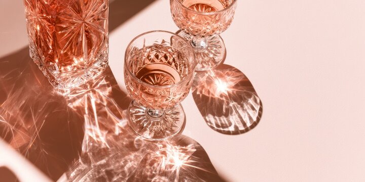 Crystal decanter and two glasses of rose wine with intricate light refractions on a pastel pink background