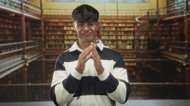 Man in striped shirt with hands clasped and gesturing while speaking in a library building; study hope.