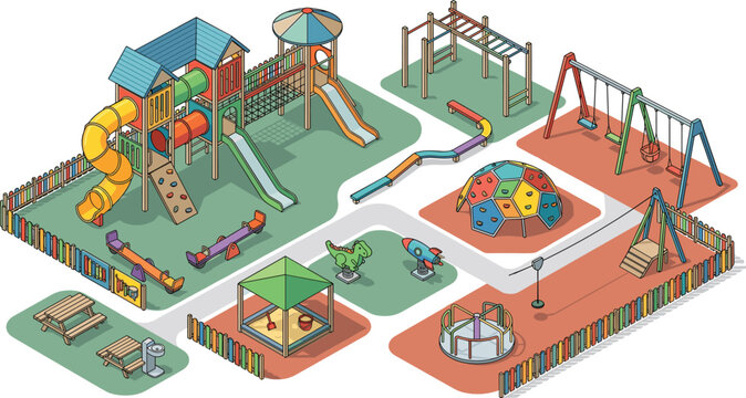 Isometric kids playground equipment vector set featuring a large slide tower swing set climbing dome sandbox zip line and monkey bars infrastructure.
