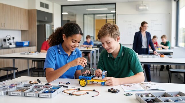 STEM Education in Action: Two young students, a girl and a boy, collaborate on a robotics project in a modern classroom setting, surrounded by the tools of learning and discovery.