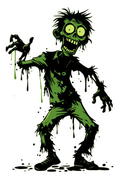 Skinny Green Zombie Dancing with Wide Eyes, Torn Clothing, Dripping Slime and Funny Creepy Expression, Halloween Cartoon Character on Transparent Background