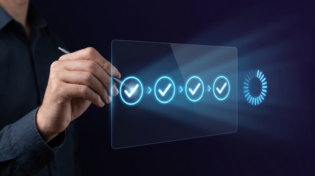 Businessman using stylus to complete sequence checklist on virtual futuristic hud interface screen