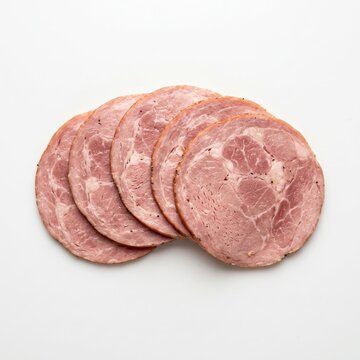 Stack of Thinly Sliced Deli Ham Isolated on White Background.