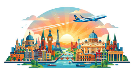 European Cityscape Panorama with Airplane and Landmarks © Entus
