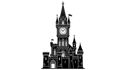 Gothic Castle Silhouette with Clock Tower and Flags © Entus