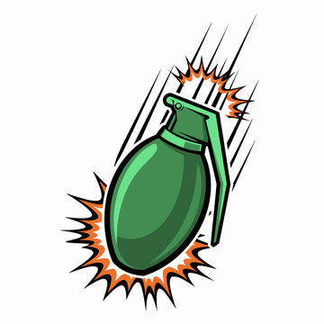 Cartoon style green hand grenade with orange explosion isolated on white background
