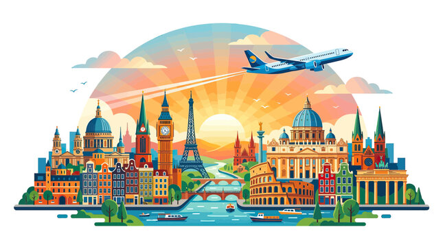 European Cityscape Panorama with Airplane and Landmarks