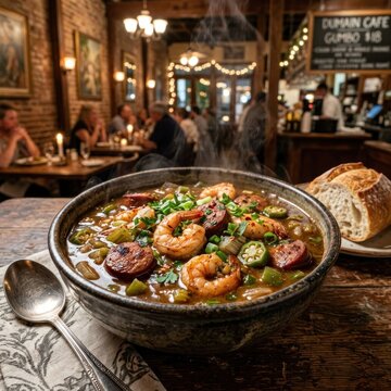 Steaming bowl of traditional seafood gumbo with shrimp and sausage in a rustic restaurant setting.
