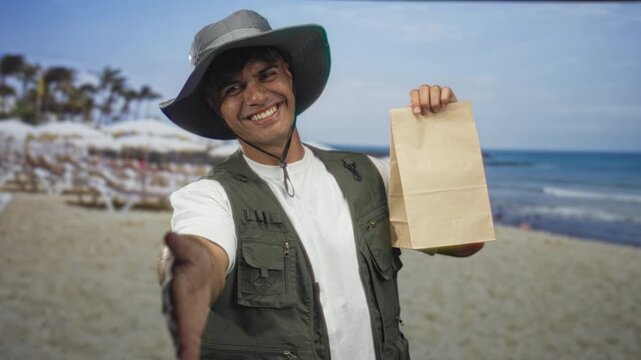 Man in explorer hat and vest extends hand forward while smiling and holding a paper bag on a sunny beach set in studio; welcoming service.