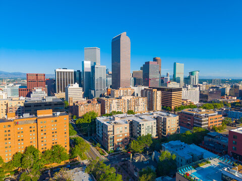 Denver modern city skyline aerial view from Capitol Hill district facing east, including Wells Fargo Center (Cash Register Building) in downtown Denver, Colorado CO, USA. 