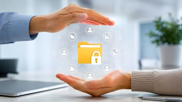 Hands protecting a secure yellow folder with a padlock and network icons representing data privacy document security and confidential information protection