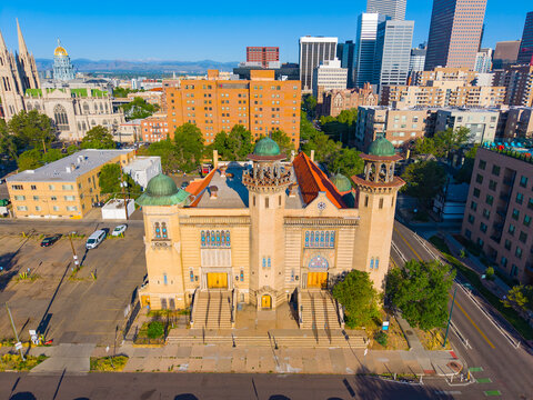 Denver Community Church aerial view at 1595 N Pearl Street on Capitol Hill district in downtown Denver, Colorado CO, USA. 