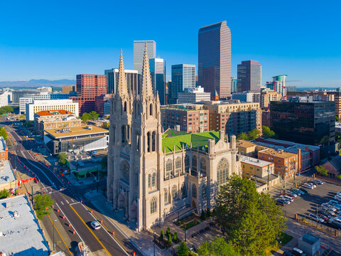 Cathedral Basilica of the Immaculate Conception aerial view at 1530 Logan Street on Capitol Hill district in downtown Denver, Colorado CO, USA.
