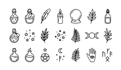 Witchcraft doodle set feather candle potion crystal ball magic symbols outline vector EPS 10 © Md Monirul