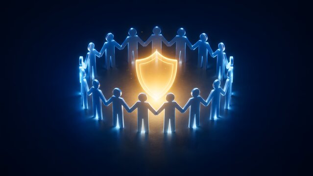 Glowing golden shield surrounded by a circle of connected human figures representing cybersecurity data protection and community safety