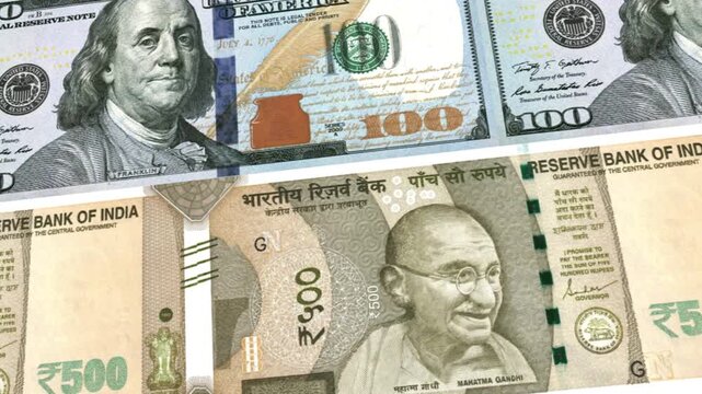 US Dollar and Indian Rupee 500 Banknotes Exchange Loop Background Business Finance Motion
