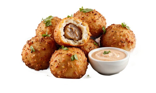 Bitterballen croquettes meatballs crispy meat snacks on transparent background with creamy dipping sauce for appetizers
