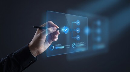 Obraz premium Project manager using stylus to distribute and check tasks on virtual digital workflow interface