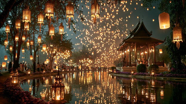 Generative AI illustration of a magical Yi Peng lantern festival at night with thousands of floating lanterns illuminating the sky over an ancient Thai temple and river
