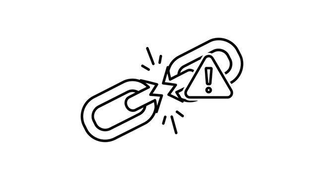 Broken chain link icon with warning alert sign.