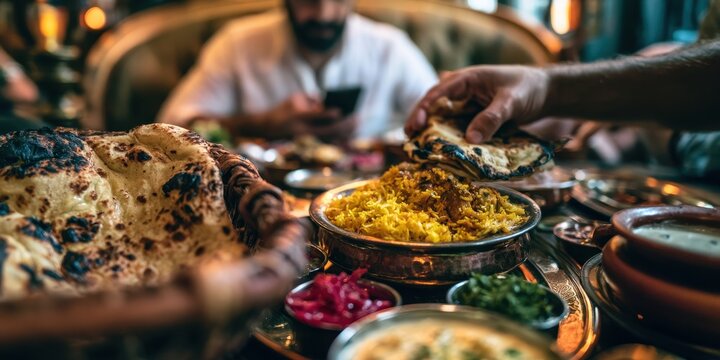 A hand reaching for a piece of naan bread over a table filled with indian dishes including biryani, side salads, and curries in a restaurant