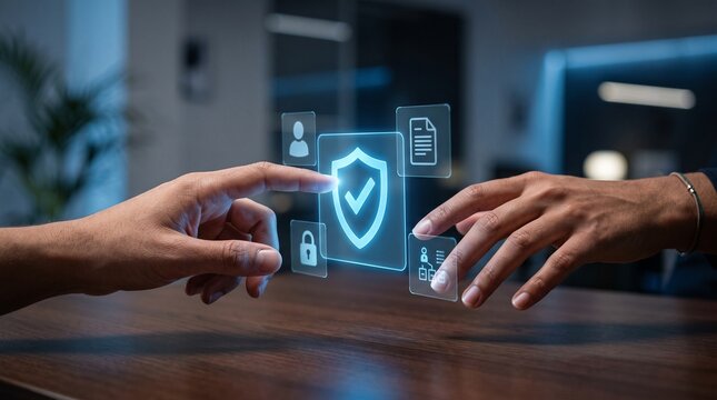 Futuristic security hologram interaction concept with two hands touching a digital shield icon