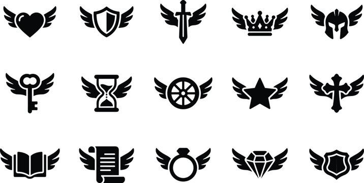 Set of black winged icons including heart shield sword crown helmet key hourglass star cross book ring and diamond symbols