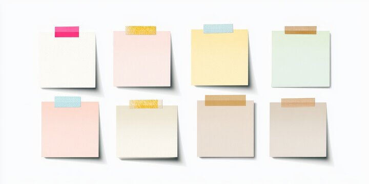 Set of eight colorful square sticky notes with various adhesive tapes isolated on white background