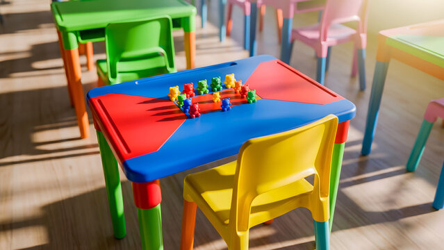 a sunny kindergarten classroom with children's table and chair set, small bear counters on table top