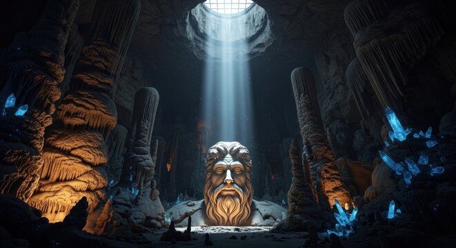 Ancient stone bust of a bearded man inside a dark cavern with glowing blue crystals and a single shaft of natural light streaming down from a hole in the ceiling