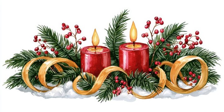 Christmas centerpiece with two red candles, pine branches, red berries, and gold ribbons isolated on white background