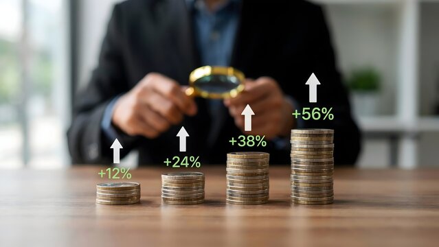 Man in Suit Analyzing Financial Growth with Stacks of Coins and Magnifying Glass on Wooden Desk in Office