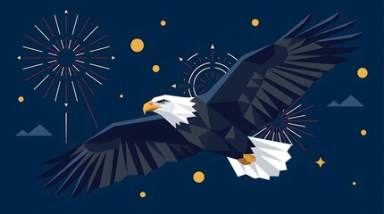 Fototapeta premium Majestic geometric bald eagle soaring through a night sky with fireworks and stars, symbolizing freedom and celebration.