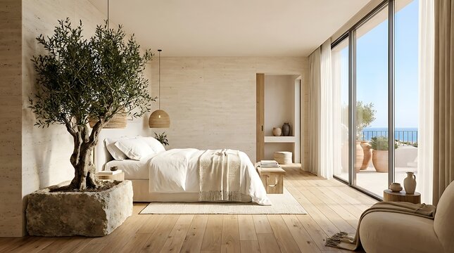 Modern Minimalist Mediterranean Bedroom Featuring an Olive Tree and Panoramic Sea Views with Neutral Earth Tones and Sunlit Indoor Decor