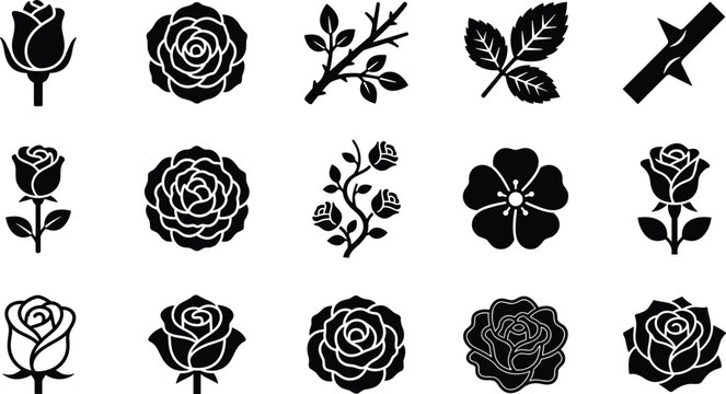 Set of black rose flower icons and floral elements with leaves and thorns
