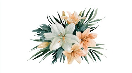 Watercolor bouquet of white and peach lilies with green leaves isolated on white background © PixelPulse Creative