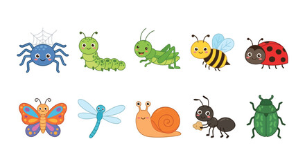 Collection of cartoon insects and bugs colorful vector illustration on a white background insect beetle caterpillar grasshopper bee butterfly dragonfly snail ant spider whimsical cute © Victoria hub