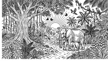 Fototapeta premium Jungle Wildlife Landscape Coloring Page Featuring Elephant Family in Tropical Rainforest with Banyan Tree Sunrise Birds and Monkeys Vector Illustration