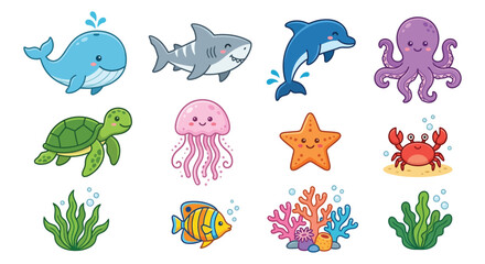 Collection of marine life vector illustrations with colorful depictions of ocean creatures and plants aquatic animals sea underwater whale dolphin shark octopus turtle jellyfish starfish © Victoria hub