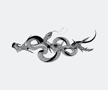 Edgy blackwork snake and thorn branch graphic element concept tattoo