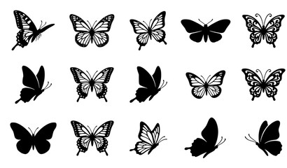 Ornate Butterfly Silhouette and Line Art Pattern Icon Set Featuring Monarch and Swallowtail Wing Styles for Elegant Nature Graphic Designs Vector Illustration © Hosneara