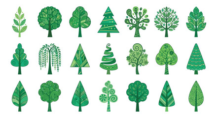 Variety of trees vector illustration with green tones on a white background tree foliage woodland forest arboreal botanical plant life greenery leafy evergreen deciduous coniferous © Victoria hub