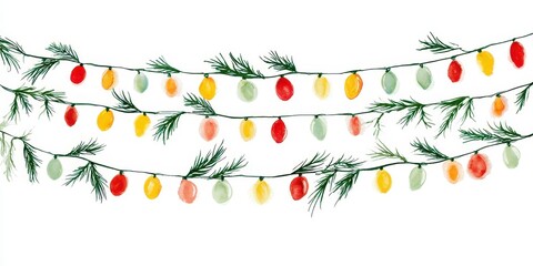 Fototapeta premium Watercolor christmas lights garland with pine branches isolated on white background