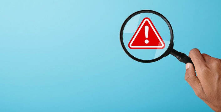 Hand holding a magnifying glass over a red warning icon, illustrating the process of searching for and identifying risks