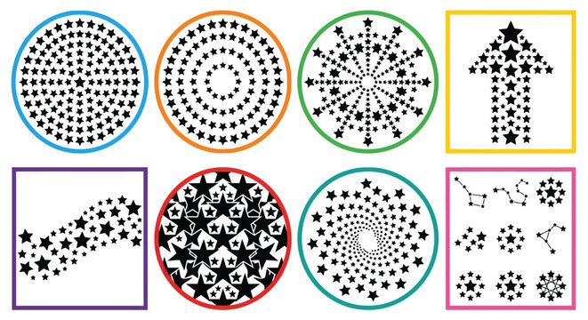 Star patterns and shapes black on white vector illustrations pattern starry design sky starfield cluster starburst shape ornament texture illustration graphic art geometric circular spiral